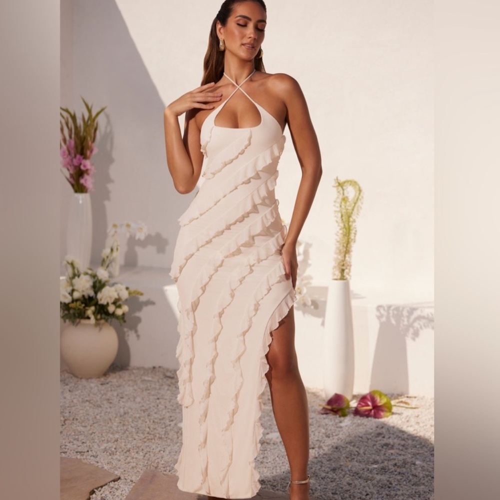 Oh Polly ruffled maxi dress in beige